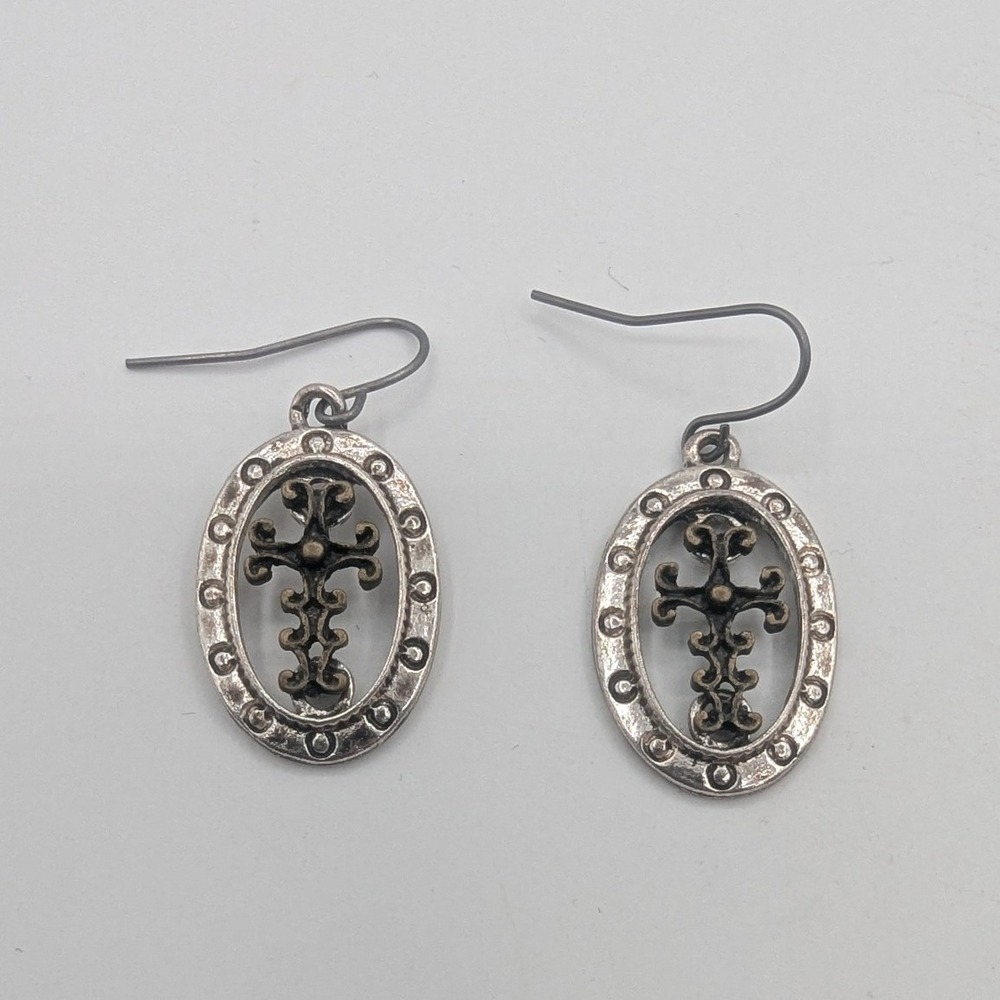 Vintage Silver‎ Tone Filigree Cross Oval Drop Earrings Gothic Religious Dangle
